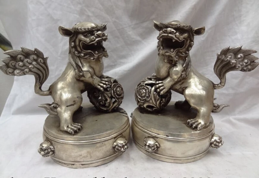 

10" Chinese Silver Protect FengShui Foo Fu Dog Lion Ball On Drum Statue Pair