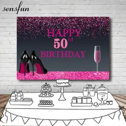Sensfun ярко-розовые блестящие черный фон фотографии высокие каблуки вина Стекло Для женщин Happy 50th День рождения Фоны 7x5ft