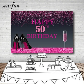 

Sensfun Hot Pink Glitter Black Photography Backdrop High Hells Wine Glass Women Happy 50th Birthday Party Backgrounds 7x5ft