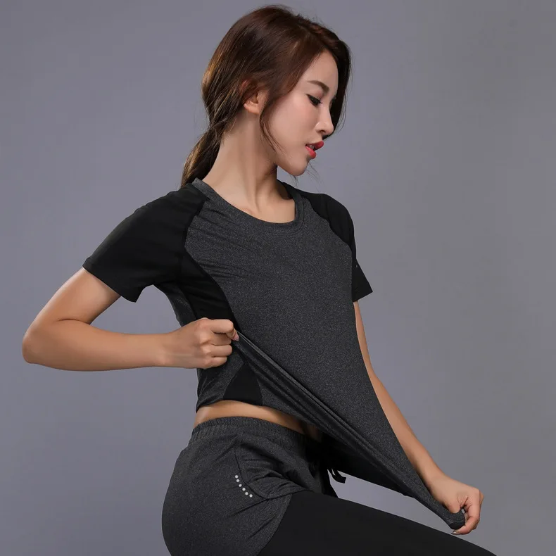 Женские спортивные тренировочные короткие рубашки, одежда для йоги и бега, фитнеса, футболка для тренировок, фитнеса, быстросохнущие женские спортивные топы для спортзала - Цвет: Gray