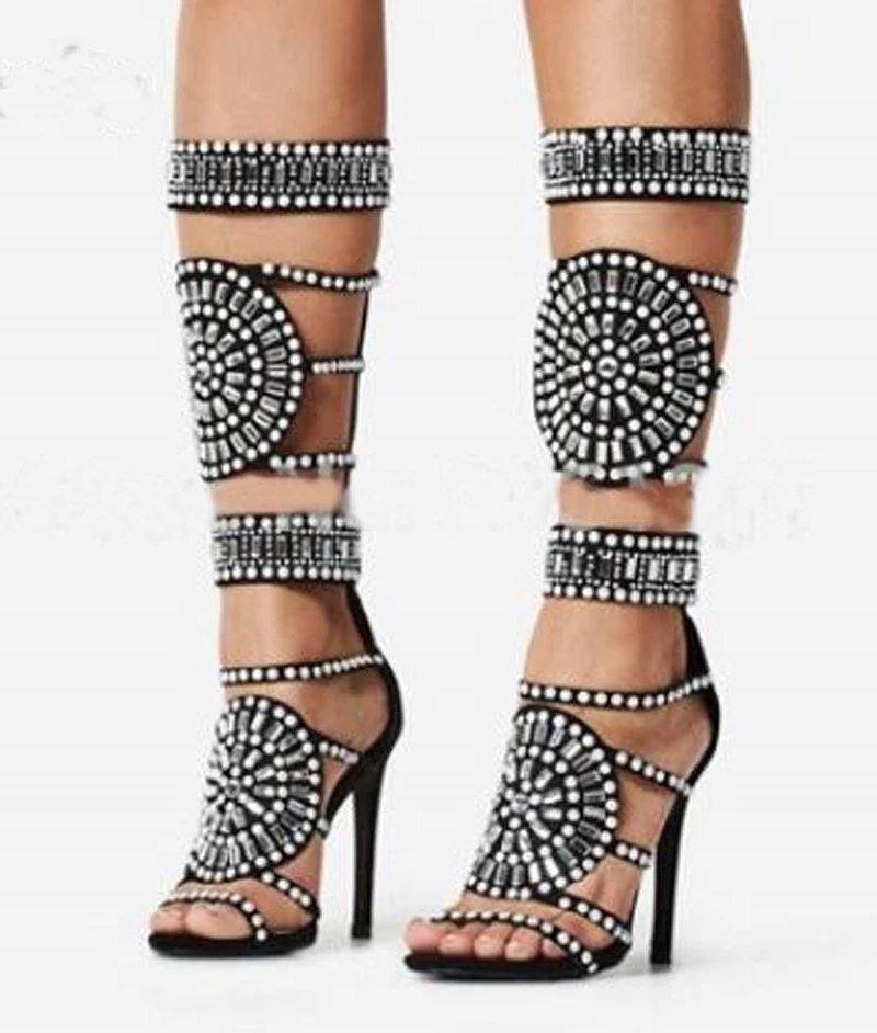 Summer White Pearl Crystal Studs Straps Mid Calf Sandal Boots Ladies ...