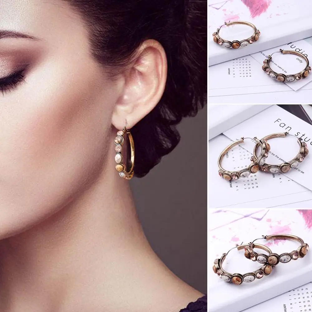 

Women Fashion Resin Stone Rhinestone Inlaid Hoop Earrings Party Jewelry Gift
