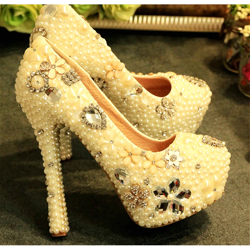 Wedding Shoes Women High Heels Pearl Flower Crystal Pumps Bridal Platform Shoes Rhinestone Beige Female Party Shoes Big Size