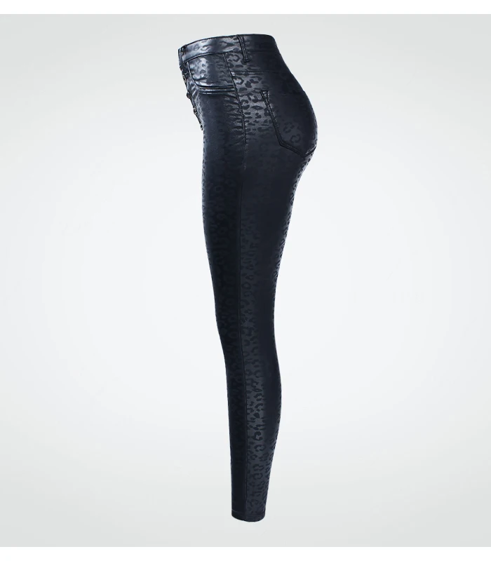 2218 Youaxon EU Size High Waist Black Leopard Pattern PU Jeans Woman Stretch Skinny Denim Jean Pants Plus Size Jeans For Women