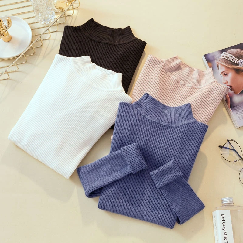 

Women Pullovers Sweaters 2019 Autumn Winter Turtleneck Warm Shirts Tops Long Sleeve Korean Female Slim Knitted Elastic Sweaters