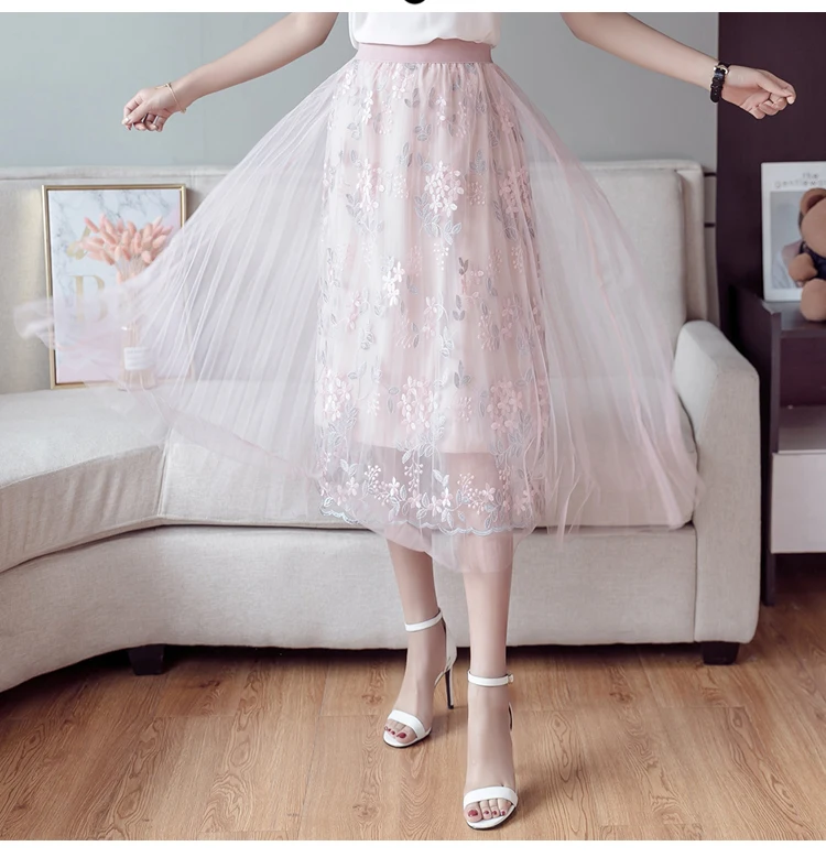 Весна осень Женская юбка корейский стиль милые цветы вышивка сетка тюль юбка элегантная плиссированная юбка миди Falda Tul