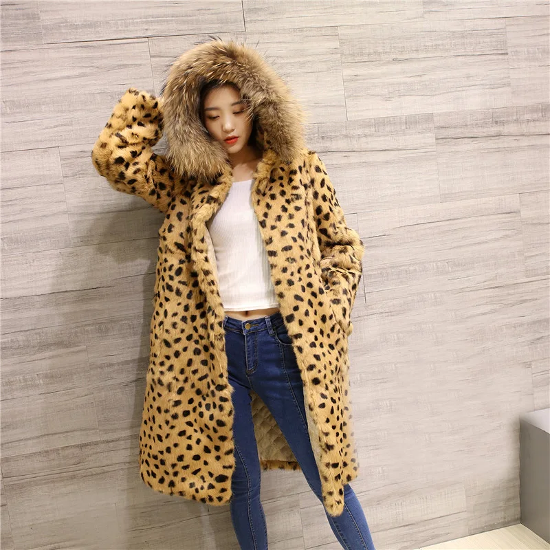 90cm Long Brown Leopard Rabbit Fur Coat Outwear Garment Parka Coats