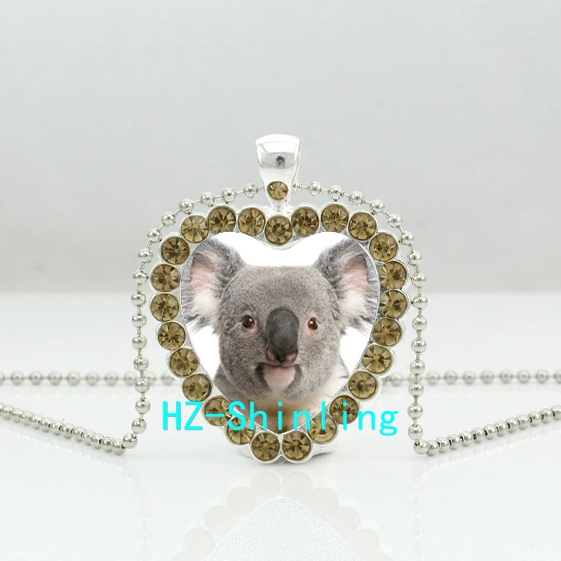 HZShinling New Cute Koala Heart Necklace Cute Koala Crystal Pendant Animal Jewelry Silver