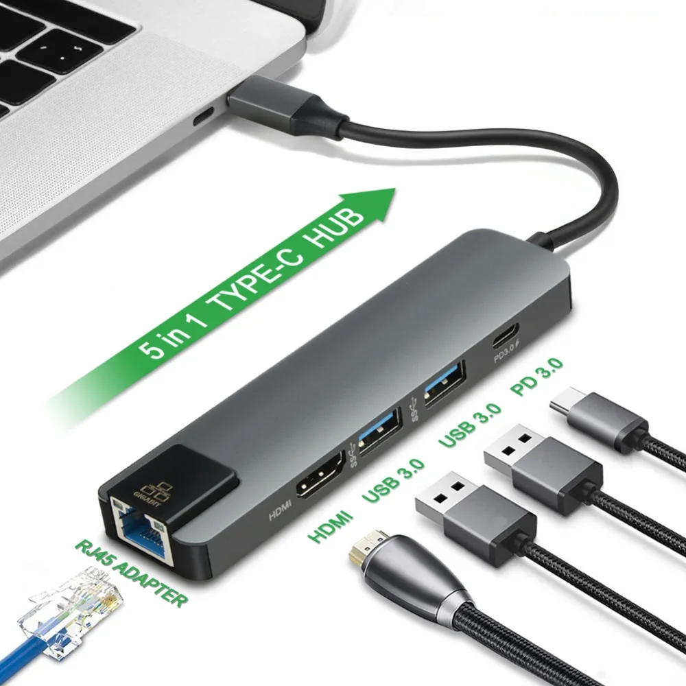 

New 5 in 1 USB Type C Hub Hdmi 4K USB C Hub to Gigabit Ethernet Rj45 Lan Adapter for Mac book Pro Thunderbolt 3.0 USB-C Charger