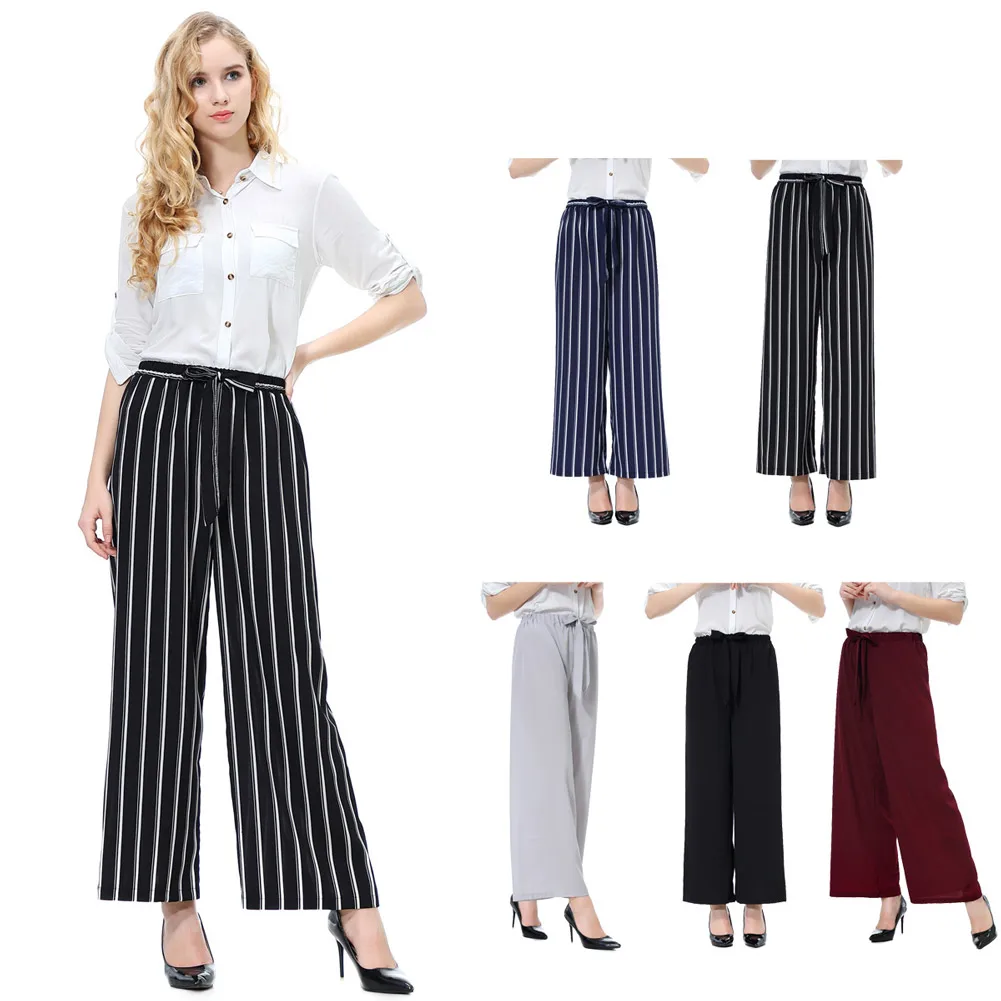 

2019 Newly Hot Women Solid Color Trousers Cool Striped Loose Wide Leg Pants for Summer MSK66
