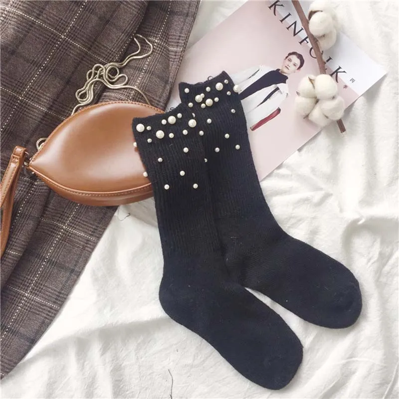 [COSPLACOOL] Модные шерстяные блестящие теплые носки ручной работы с жемчугом женские хлопковые шелковые цветные блестящие носки Meias осень/зима Calcetines Mujer
