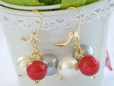 

Hot sell Noble- hot sell new - free shipping 00178 round red gray white south sea shell pearl dangle earring