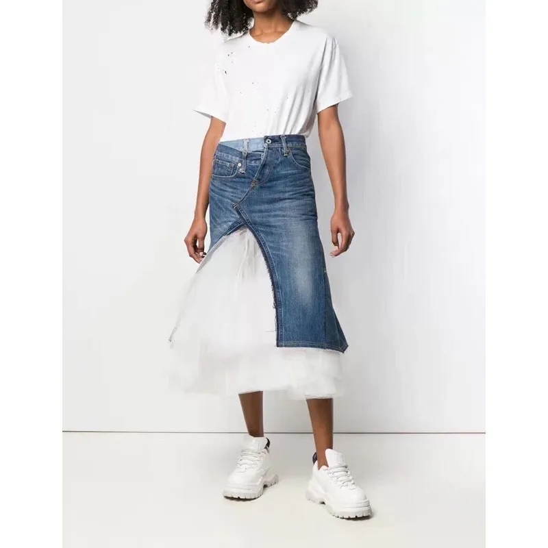 

EXCOSMIC Summer Women's Denim Mesh Half Length Skirt Elegant Patchwork Pocket Skirt High Quality Fashion Lrregular Skirt