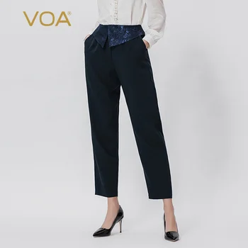 

VOA Navy Blue Splicing Fashion Classic Joker Comfort Mid Waist Silk Pants K995