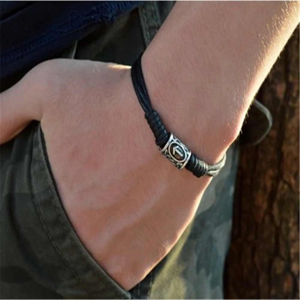 

Viking Runes Beads Multiple Beads Open Cuff Bracelets Bangles Adjustable Suitable for Unisex Handmade Black Rope Bracelet