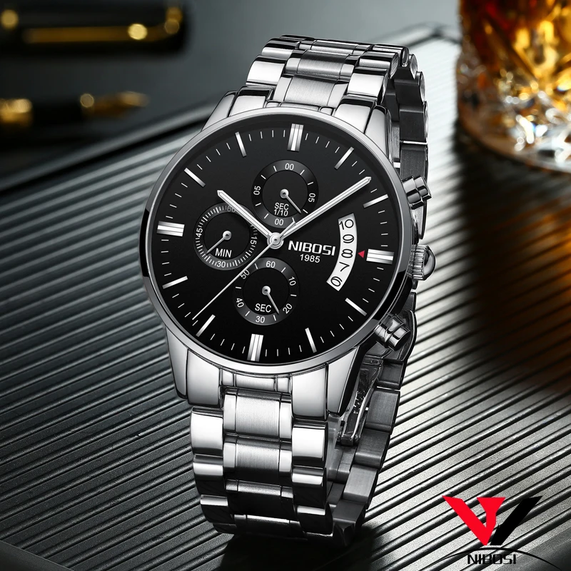 Billige Relogio Masculino NIBOSI Sport Uhren Für Männer Military Armee Analog Chronograph Männer Uhr Edelstahl Kleid Männlichen Uhr Saat