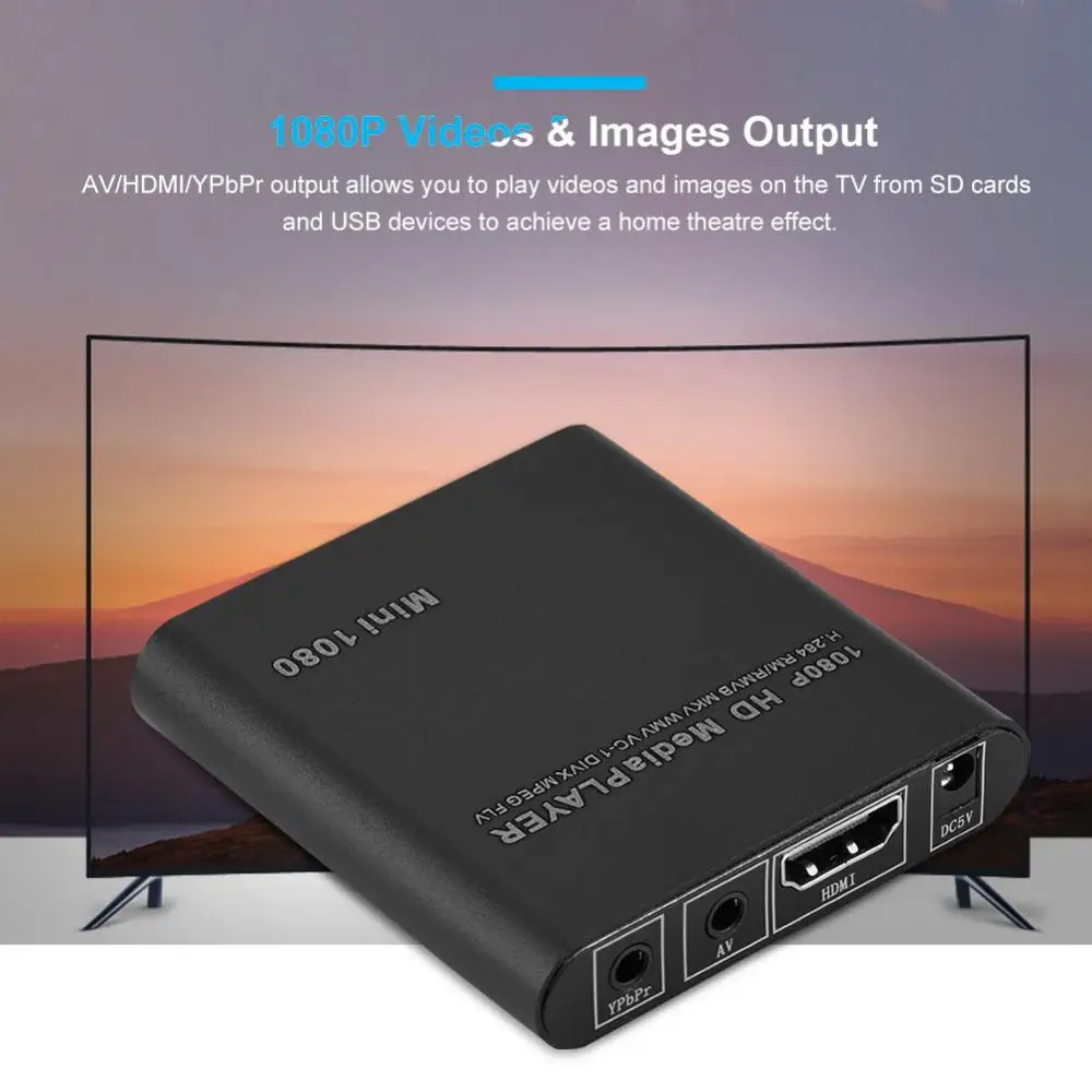 

Mini 1080P HD Media Player Stereo Surrounding YPbPr/AV/HDMI Output HDMI Media Player for EU plug
