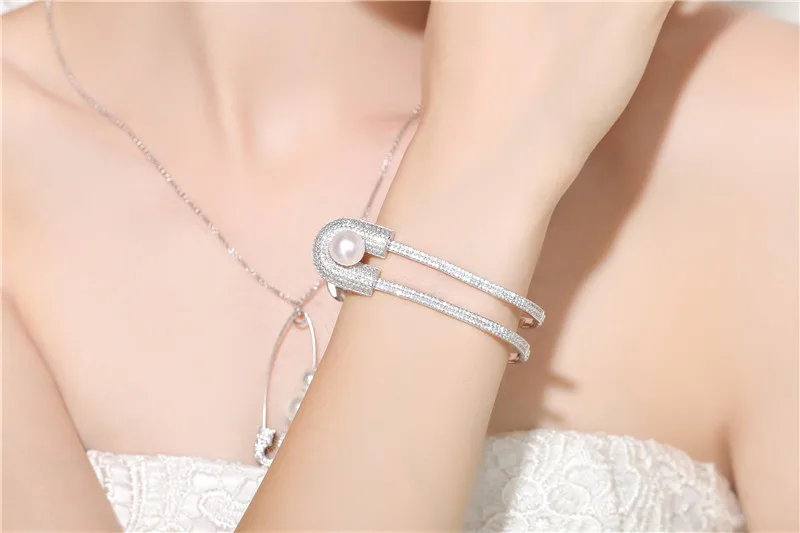 

Famous Unique Women Pearl All Zircon Bangles Monaco Square Paper clip Design 925 Sterling Silver Pin wedding bracelet bangles