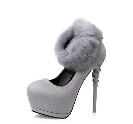 

Latest Designed women pumps ankle faux fur women shoes 14 cm high heels pumps sexy platform shoes fashion shallow pumps red