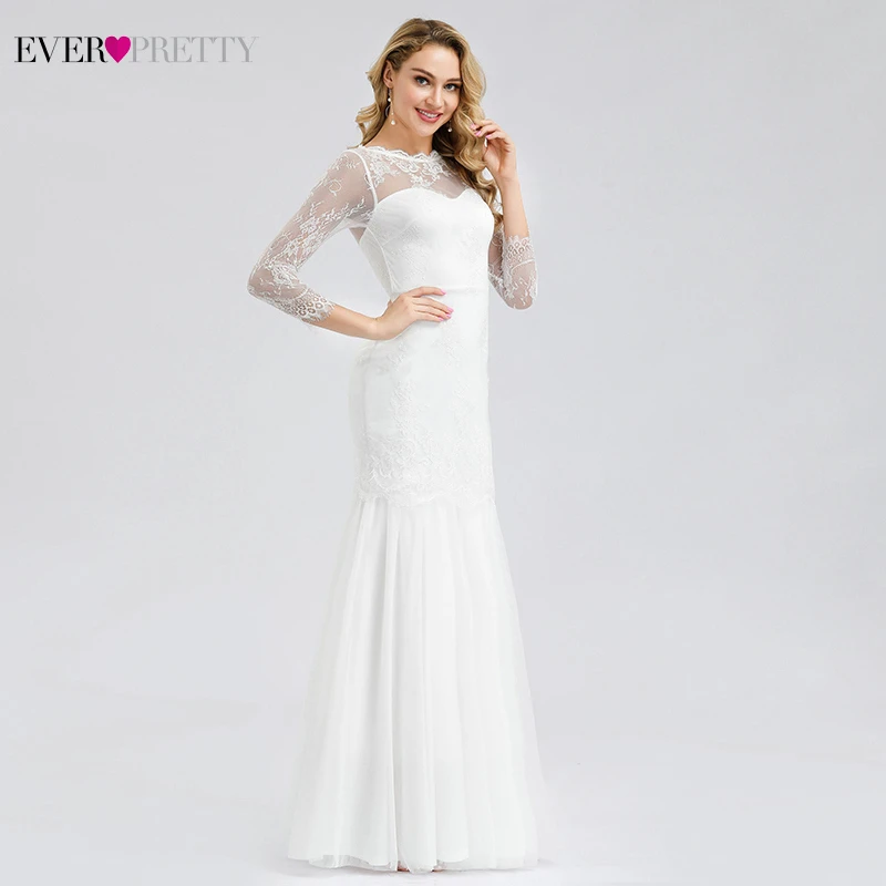 Robe De Mariage Sirene Ever Pretty White кружевные свадебные платья с круглым вырезом, рукавом 3/4, на молнии, Элегантное свадебное платье с силуэтом "Русалка" Gelinlik