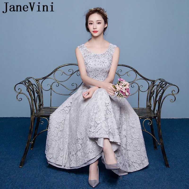 

JaneVini Cheap Lace Homecoming Dresses Tea-Length Gray Navy Blue Burgundy Junior Pearls Formal Graduation Dress 2019 A Line Gown