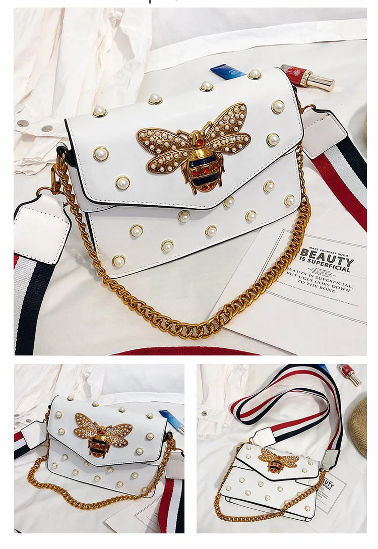 Women's Pearl Bee Leather Handbags Crossbody Bags for Women 2018 Italian Style Luxury Chain Clutch Designer Female Shoulder Bag (5)