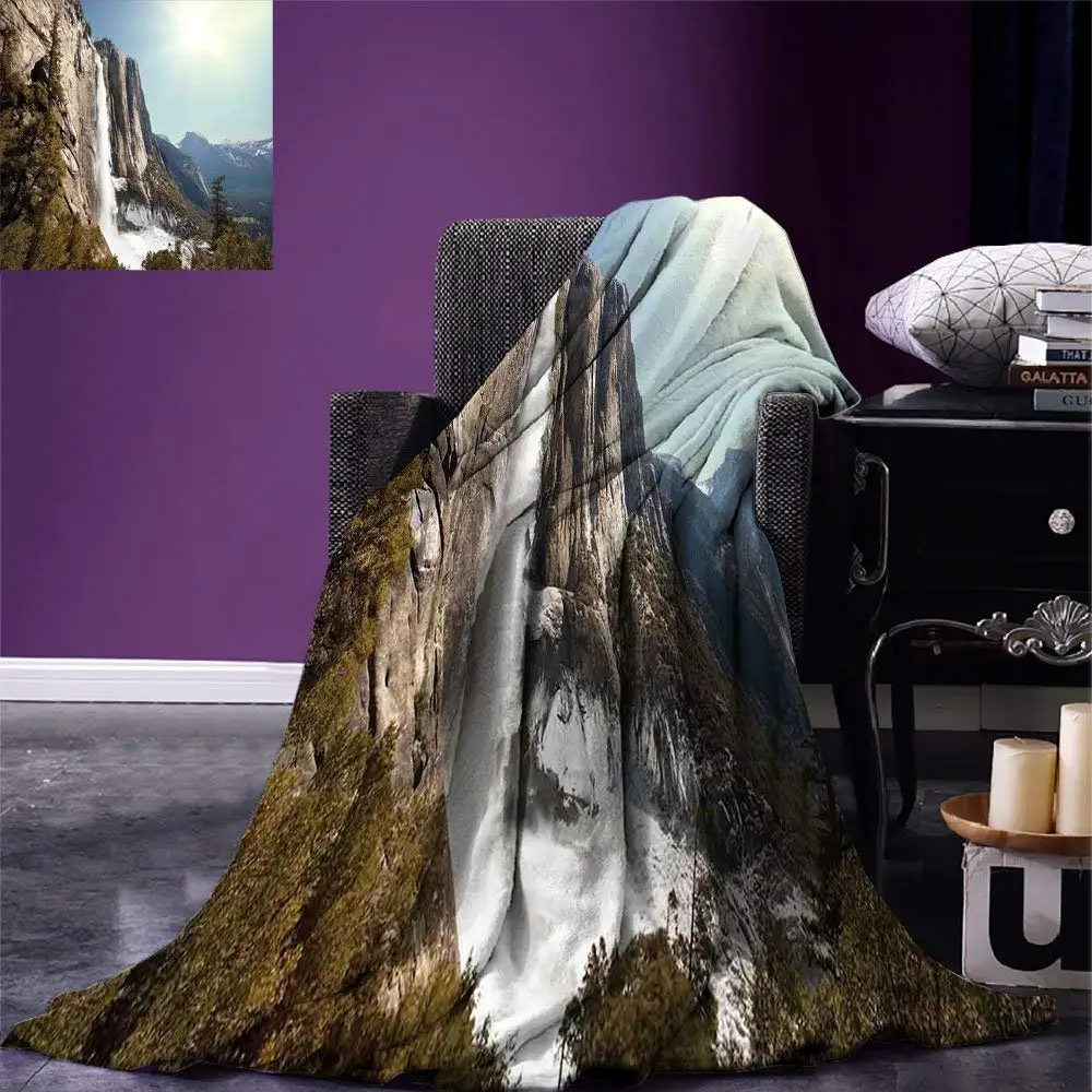 Blanket Yosemite Falls Mountain Sunshine Alpine Trees Dramatic Natural Wilderness Landscape Warm Microfiber Green | Дом и сад