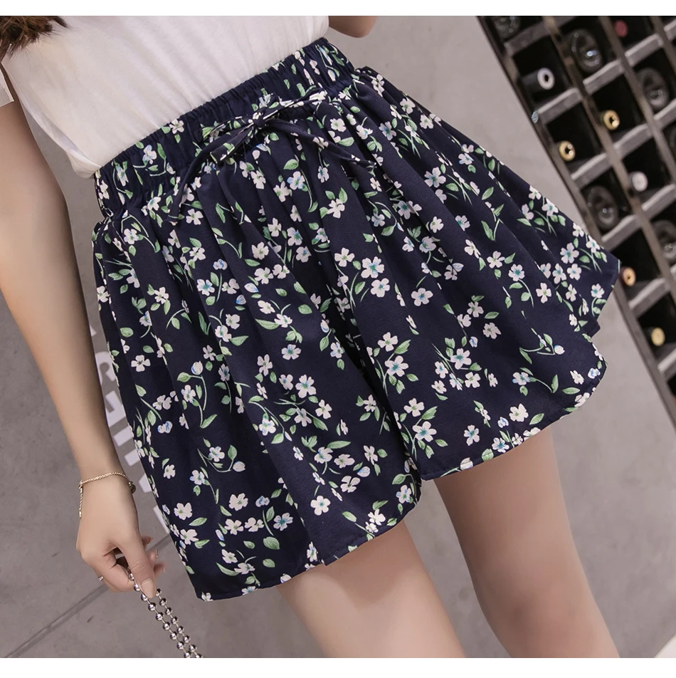 4XL Plus Size Chiffon Shorts Striped High Waisted Wide Leg Summer Short Floral Print Boho Female Casual Skirt Shorts Women