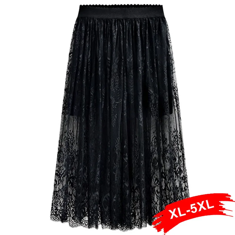 

Plus Size 4Xl 5Xl Women Sexy Lace Mesh Pleated Skirt Summer Streetwear High Elastic Waist Girl School Black Female Long Skirt