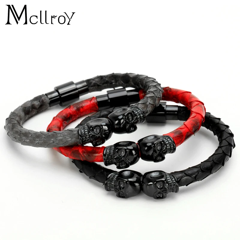 Koop Mcllroy2017 Nieuwe 6 Mm Real Snake Skin Man Armband Titanium Staal Bangle Lederen Zwarte Schedel Armband Voor Vrouwen Lovers Gift