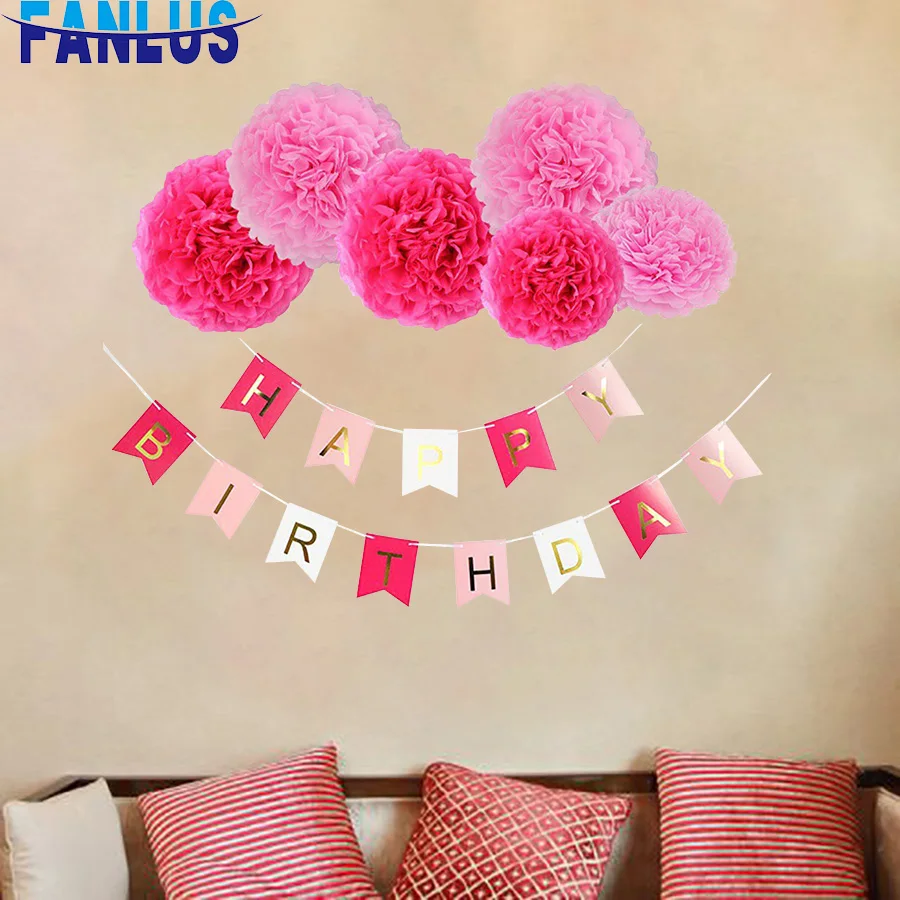 

19pcs/set Pink Paper Artificial Flower Pompoms Baby Shower Boy Girl Happy Birthday Banner Party Decorations First Birthday Decor