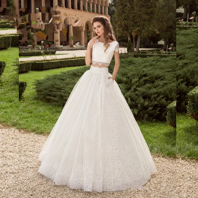crop top de encaje de dos piezas de vestidos de novia scoop manga
