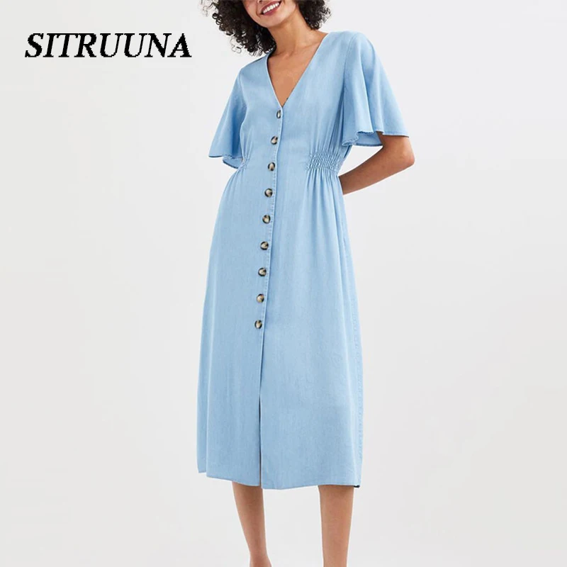 

Sitruuna Women Summer Short Butterfly Sleeve Dress Single Breasted Female Midi Dress Casual Lady Loose Split Denim Cotton Dress