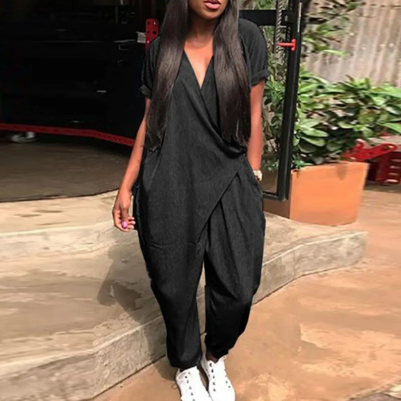 

2019 Fashion Summer V Neck Short Sleeve Jumpsuits Women Solid Long Casual Harem Pants Loose Baggy Overalls Playsuits Rompers