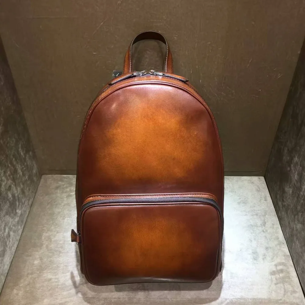Buy TERSE_Orange vintage leather backpack handmade top