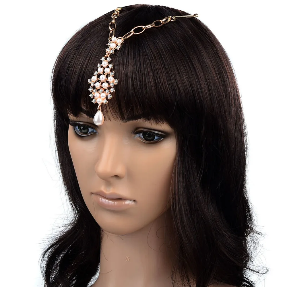 1 Pc Cute Simulated Pearl Crystal Hair Clip Chain Tear Drop Patti Tikka