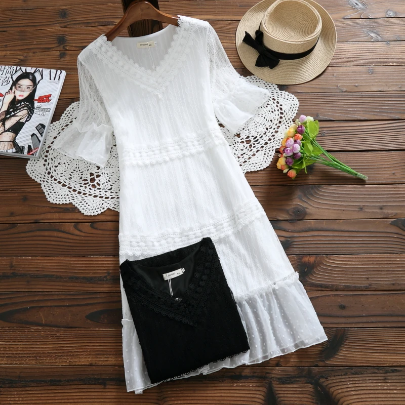 

Mori Girl Summer Women Sweet Party Dress V Neck Hollow Out Corchet Elegant Ropa Mujer Flare Sleeve Black White Lace Lady Dresses