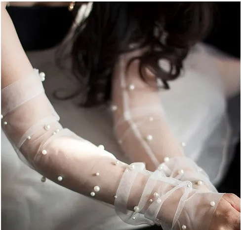 

White pearls transparent sexy wedding bridal lady girl women fingerless arm warmer gloves free shipping