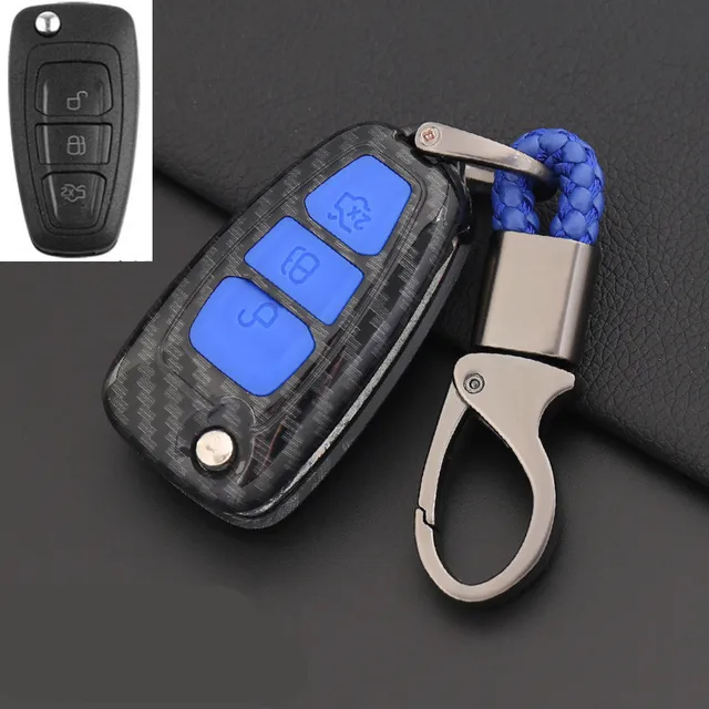 ABS Carbon Fiber Shell+Silicone 3 Button Key Case Cover Key Protector For Ford Ranger C-Max S-Max Focus Galaxy Mondeo Transit To E-blue