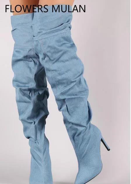 

Light Blue Denim Thigh High Boots Women Chic Pointed Toe Pleated Upper High Heels Stilettos Winter Shoes Woman Side Zipper Shoes
