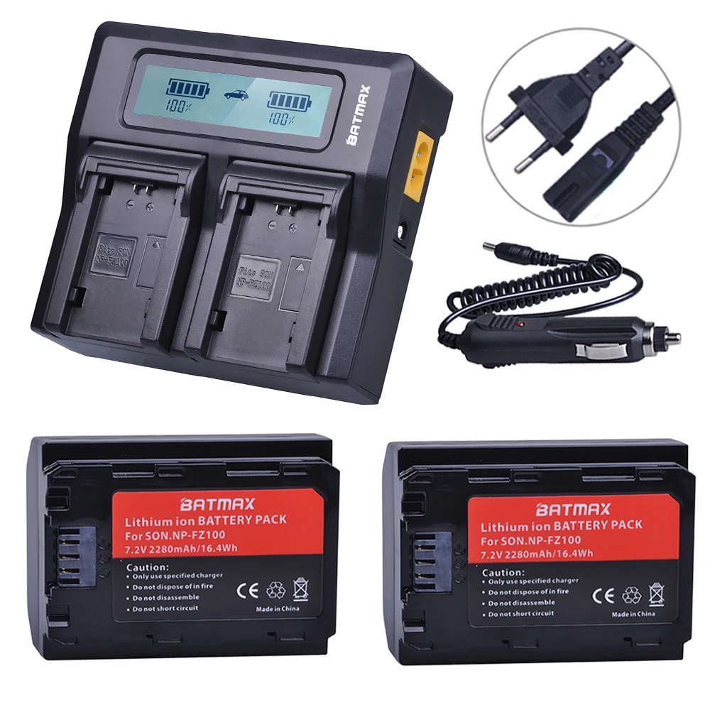 Batteria Batmax 2Pcs 2280Mah Np-Fz100 + Caricatore Doppio Lcd Rapido Per Sony Bc-Qz1, Sony A9, A9R,A7R Iii, A7 Iii,A6600 Fotocamera