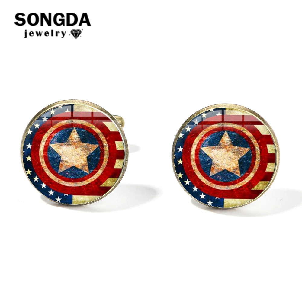 

SONGDA Avengers Captain America Shield Cufflinks Superhero Star Shield Retro Pattern Printed Glass Dome Cuff Links Gifts for Men