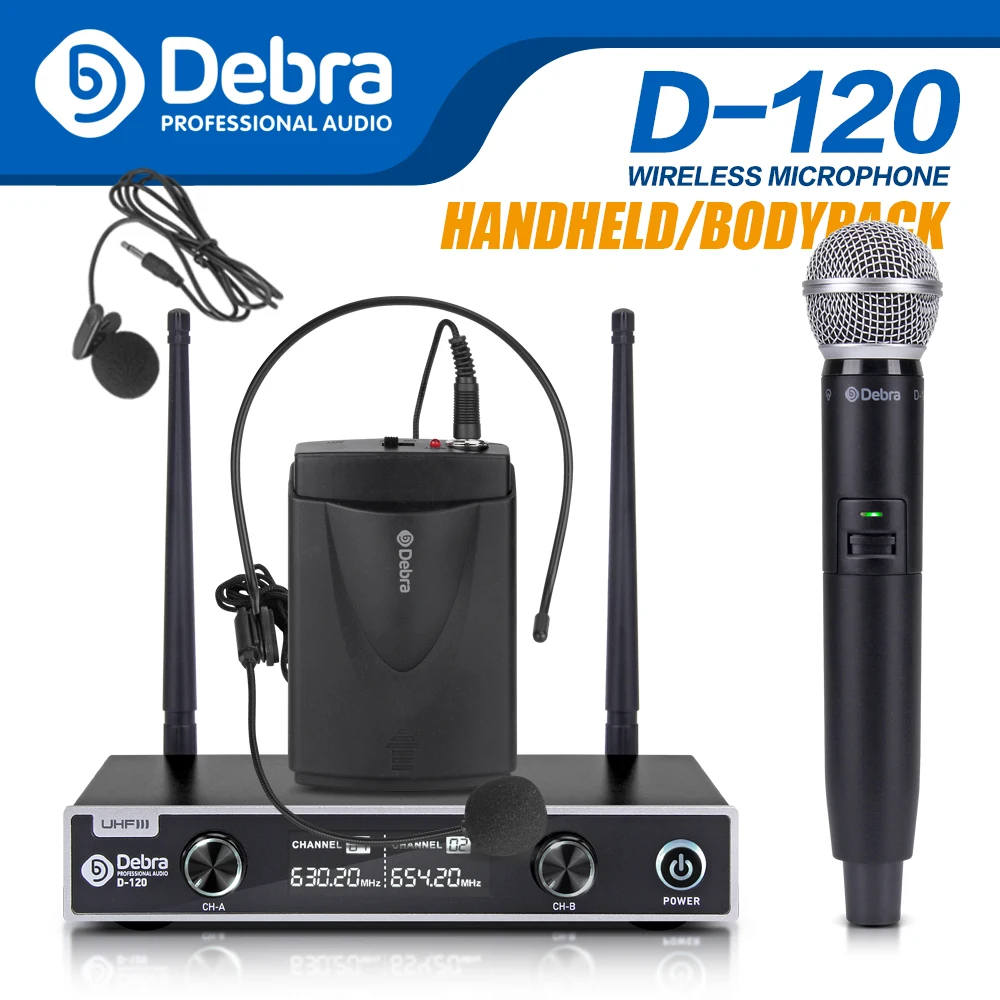 Debra Audio D-120 2Channel with Handheld or Lavalier&Headset Mic UHF Wireless Microphone System with XLR for karaoke sing speech