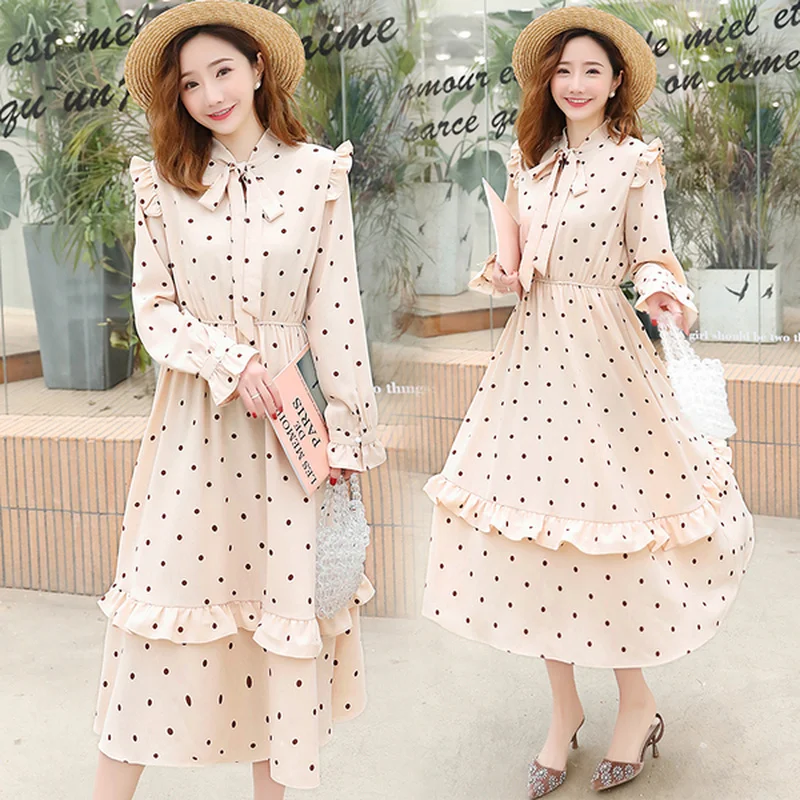 

Pregnant Women Midi Elegant Chiffon Dress for Pregnant Women Polka Dots Pregnancy Clothes Spring Long Sleeve Maternity Dresses