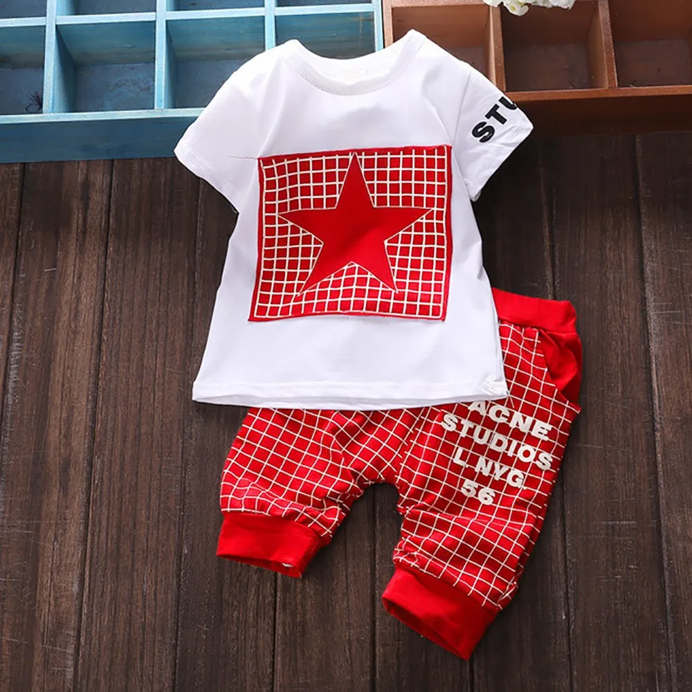 

2Pcs Boys Girl Outfits Letter Star Print Plaid Tops+Pants Clothes Set carters baby boy erkek bebek giyim baby summer clothes