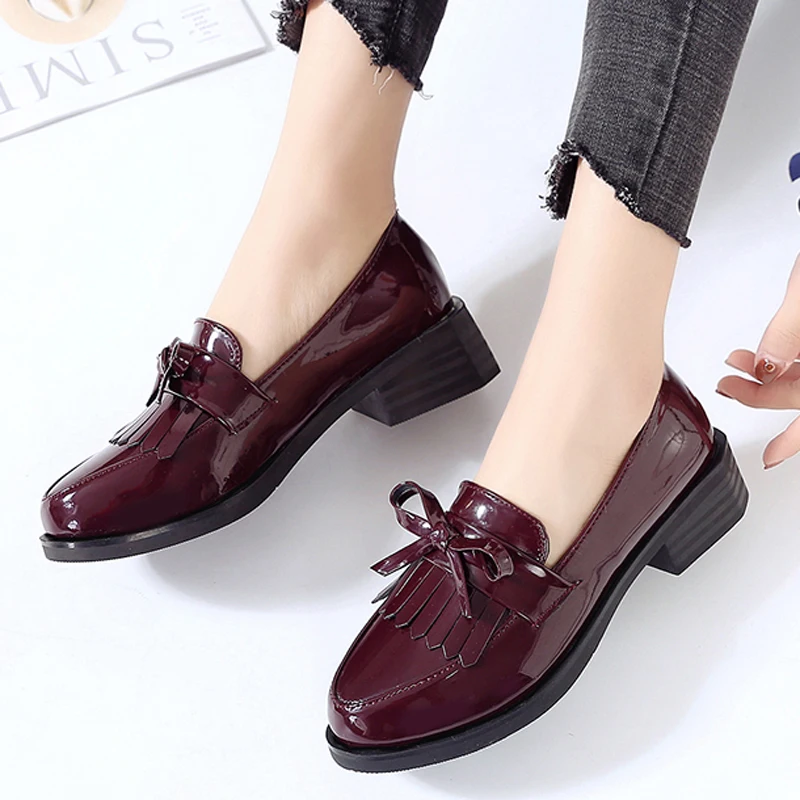 

HEE GRAND Spring Med Heel Shoes Platform Oxfords Butterfly-Knot Red Round Toe Solid Pumps Ladies Fashion Casual Shoes XWD7174