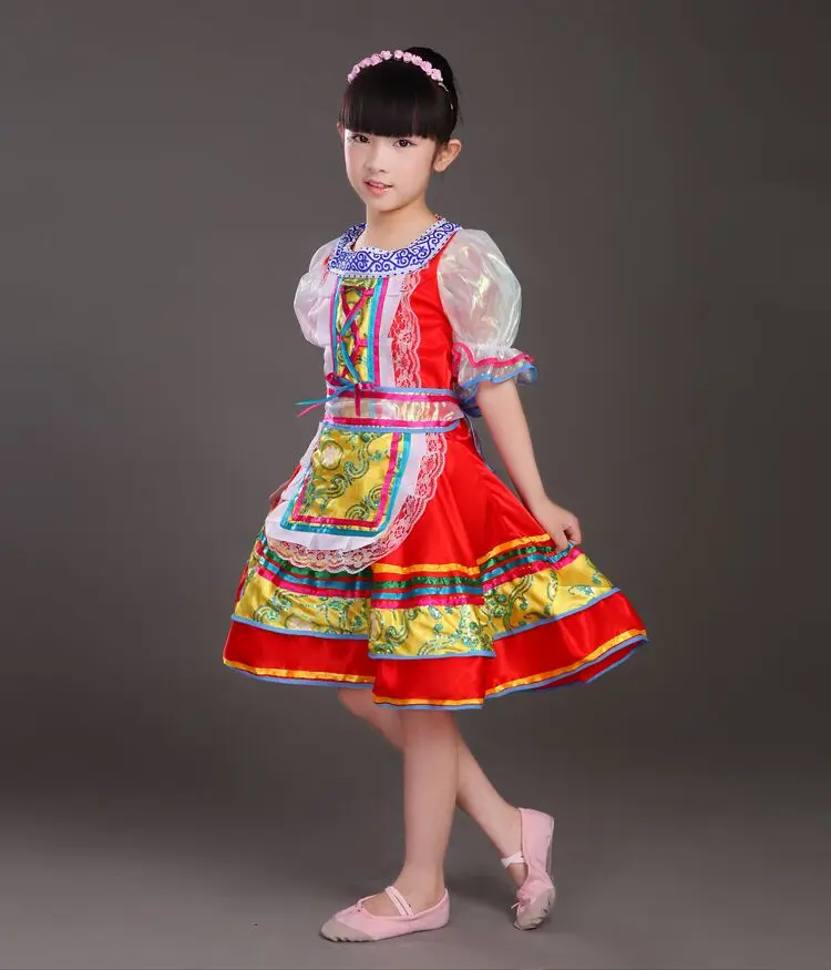 Красные традиционные детские костюмы для сценических выступлений в русском стиле для детей, милое симпатичное летнее платье - Цвет: Красный