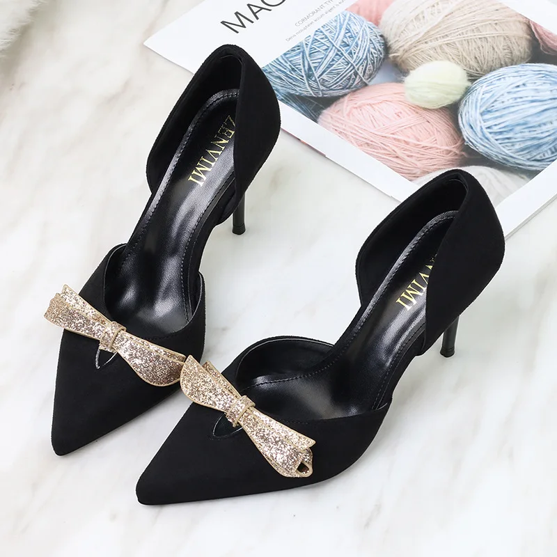 Donne Delle 9 Pompe Tacco Punta Modo black Apricot yellow nodo Alto Farfalla Centimetri A Nero Primavera Alti Flock Scarpe Partito Tacchi Albicocca Sottili Di dqxOnwdHR