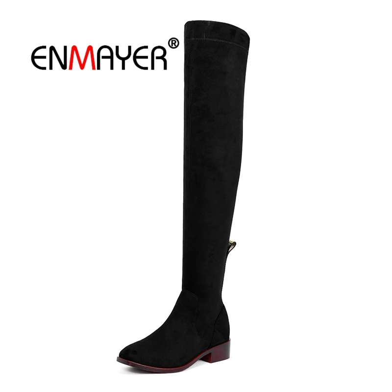 

ENMAYER Woman Over the Knee boots Winter Causal Round toe Thigh High boots Black Size 34-39 Low heel Slip on Thick heels CR1630