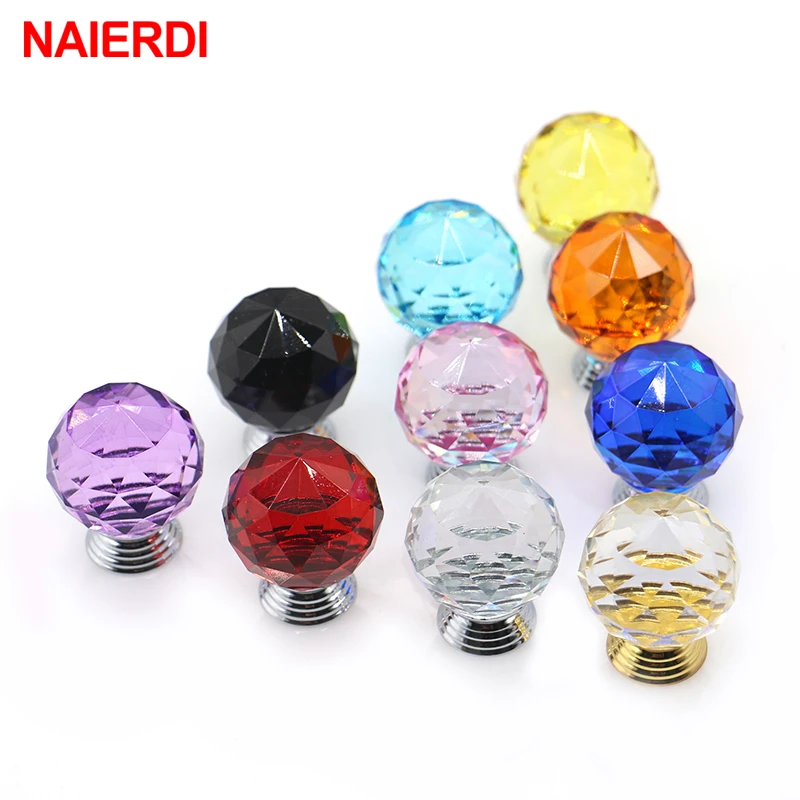 NAIERDI 30mm Round Diamond Crystal Glass Knobs Cupboard Pulls Colorful Drawer Knobs Kitchen ...